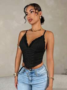 SHEIN BAE Camiseta de tirantes cruzados con bordes de encaje y ajuste ceñido, top de verano para mujeres de unicolor