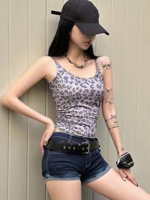 DAZY Áo hai dây cổ chữ V ôm sát có dây đeo có thể điều chỉnh dành cho nữ, họa tiết da báo - Màu Xám nhạt - Xem 7