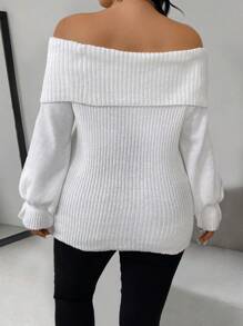 SHEIN Clasi 大码女式优雅纯色露肩灯笼袖套头衫，秋冬季，适合感恩节露肩毛衣露肩毛衣露肩套头衫露肩套头衫白色毛衣