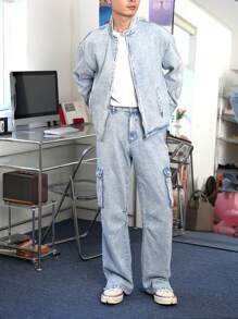 Claim Dot 男士浅蓝色斑驳牛仔街头装 - 淺色水洗藍 - 查看 5