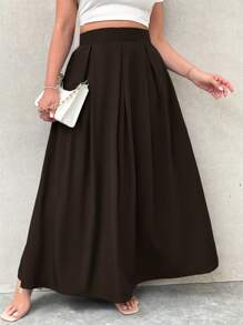 Firerie 大码女式高腰长款褶皱 A 字裙，带口袋，松紧腰，灰色 - 巧克力棕 - 查看 6