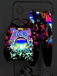 2pcs Tween Boys'' Streetwear Graffiti Artwork Hoodie Sweatshirt And Pants Set, Suitable For Autumn - Black - View 4