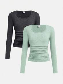 SHEIN Girlism 2pcs Tween Girls' Fitted Casual Solid Color U-Neck Ruched Long Sleeve T-Shirt Sets