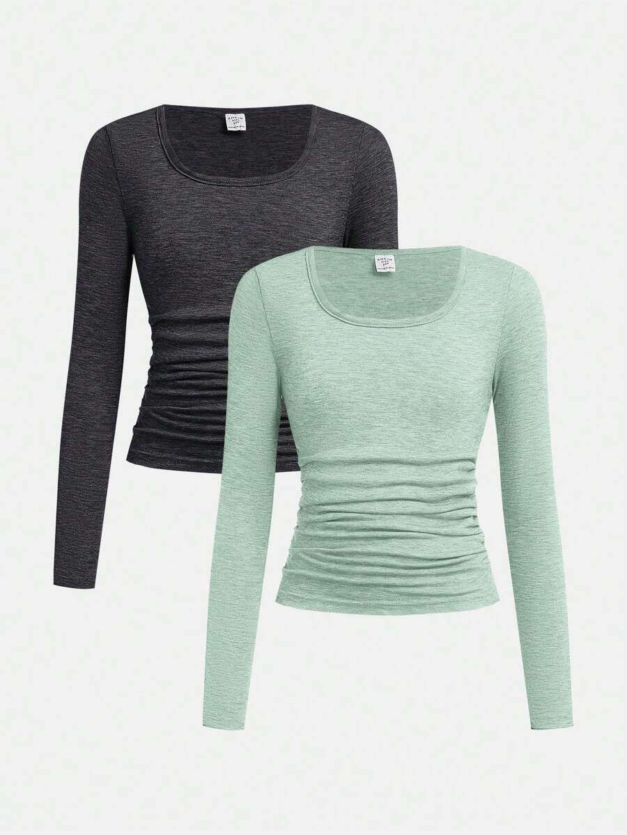 SHEIN Girlism 2pcs Tween Girls' Fitted Casual Solid Color U-Neck Ruched Long Sleeve T-Shirt Sets
