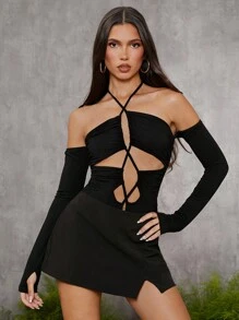 evoluSHEIN X Anitta RAUL OROZCO Designer Backless Cross Straps Halter Bodysuit For Spring & Summer, Holiday, Thanksgiving, Festival - Black - View 5