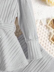 SHEIN Leap Crew Baby Girl Solid Color Simple Knit Elastic Hoodie And Pants 2 Pieces Set, Fall/Winter - Light Grey - View 6