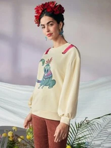 VALERIA GALIPOLI Frida Kahlo X SHEIN X Designer Print Totem Monkey Design Round Neck Backside Bow Tie Drop Shoulder Loose Sweatshirt, Holiday, Thanksgiving, Winter, Spring, Festival - Apricot - View 4