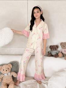 SHEIN Tween Girl Ditsy Floral Ruffle Trim V-Neck Cardigan & Pants 2pcs Pajama Set, 2 Sets Sold Separately - Baby Pink - View 3