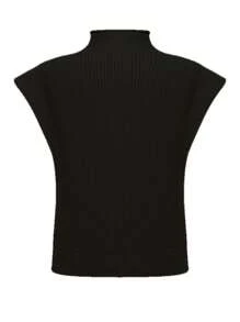 INAWLY Women's Solid Color Stand Collar Cap Sleeve Loose Casual Knit Sweater, Spring & Autumn,Sleeveless Tops, Knit Pullover Fall Winter - Black - View 3