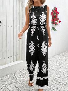 SHEIN VCAY Bộ đồ liền thân ống đứng không tay cổ tròn in họa tiết thường ngày cho nữ - màu đen - Xem 3