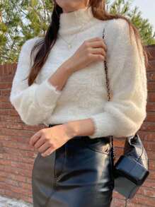 DAZY 女士蓬松高领保暖套头衫、长袖上衣、秋季女装 - 白色 - 查看 5