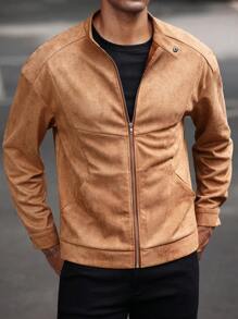 Manfinity Bizformal Men Suede-Like Split Line Stand Collar Casual Jacket, Grunge, Fall - Brown - View 4