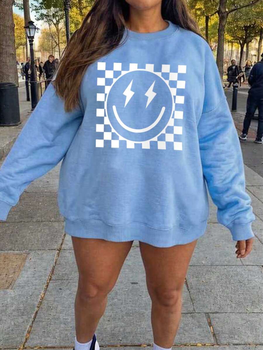 SHEIN EZwear 休闲简约格子笑脸图案宽松圆领长袖卫衣，大码 - 藍色 - 查看 1