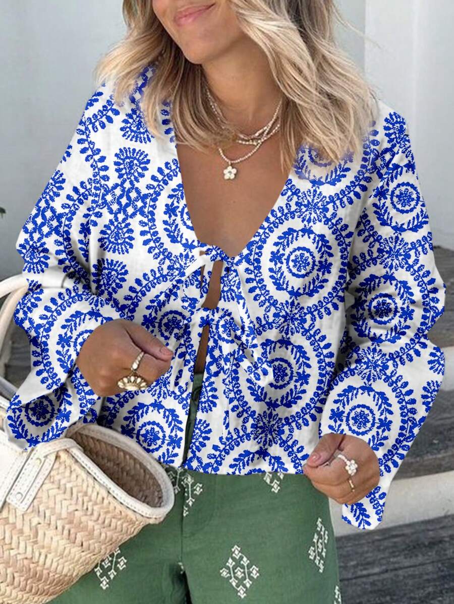 SHEIN VCAY 大码女式春夏花卉印花系带休闲衬衫 - 藍白色 - 查看 1