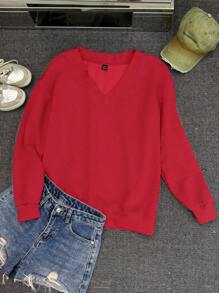 SHEIN EZwear 女士休闲超大V领宽松运动衫，红色，适合秋冬季 - 紅色 - 查看 3