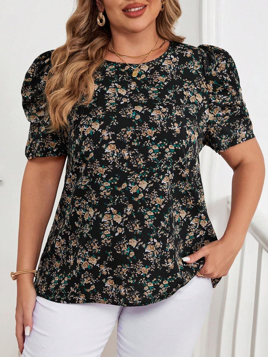 SHEIN Clasi Áo sơ mi tay ngắn in họa tiết hoa giản dị cỡ lớn - màu đen - Xem 1