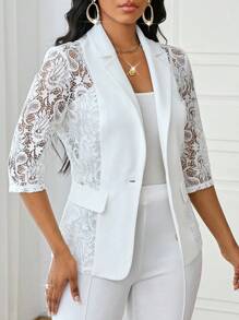 SHEIN Lady 四季白色西装女西装外套女大衣蕾丝拼接优雅秋冬套装 - 白色 - 查看 5