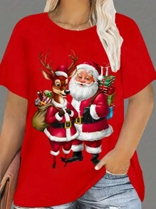 Flirla Plus Size Women Santa Claus Print Crew Neck Short Sleeve Casual T-shirt, Letnie ubrania na Nowy Rok Koszulki graficzne Damskie topy