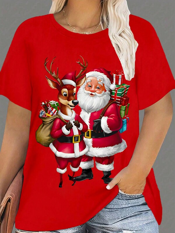 Flirla Christmas Plus Size Women Santa Claus Print Crew Neck Short Sleeve Casual T-Shirt, Summer For New Year Clothes Graphic Tees Women Tops