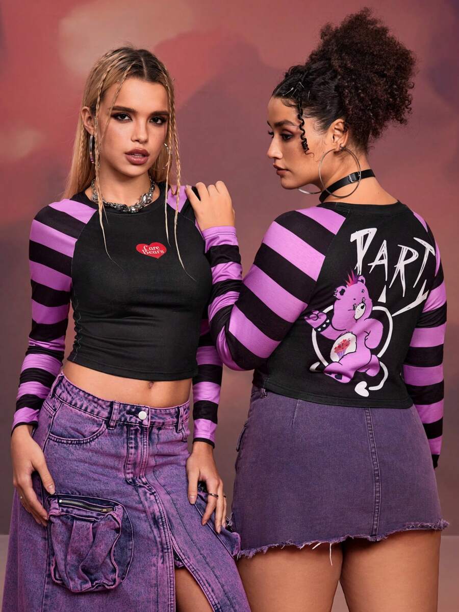 SHEIN X Care Bears Designer 1pc Plus Size Women's Punk Style Cartoon Bear & Letter Printed Color Block Striped Raglan Sleeve Fitted Cropped T-Shirt, Holiday, Thanksgiving, Festival