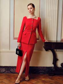 ZEYLAH GOLD FLORAL BUTTON PLACKET BUCKLE BELTED JACKET - Red - View 2