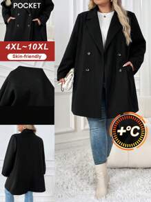 SHEIN CURVE+ Plus Size Clasi Lapel Neck Double Breasted Overcoat In Fall/Winter - Black - View 1