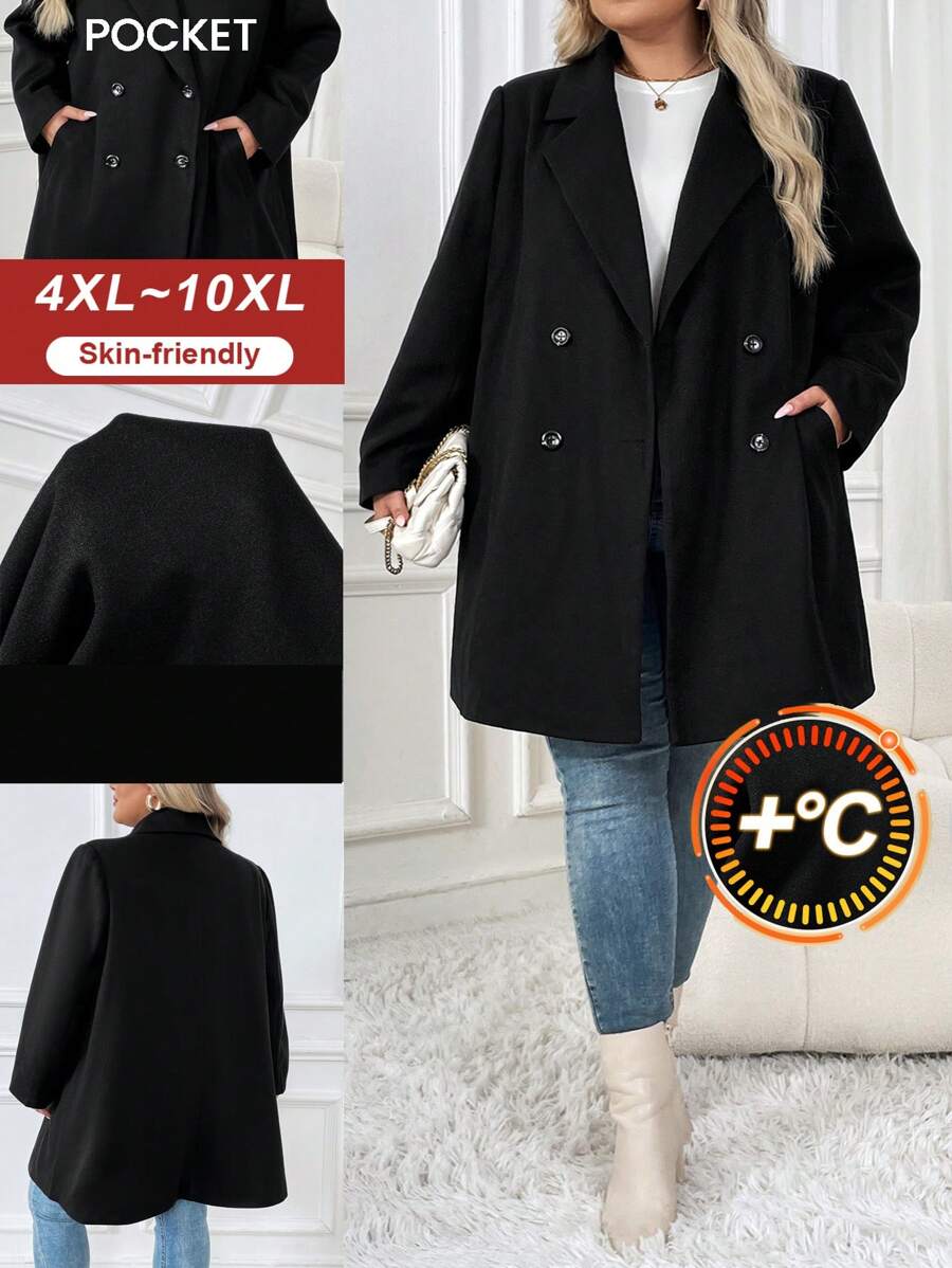 SHEIN CURVE+ Plus Size Clasi Lapel Neck Double Breasted Overcoat In Fall/Winter - Black - View 1
