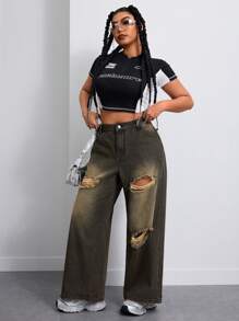 Jeans de mezclilla vintage desgastados y de grunge para mujeres de talla grande