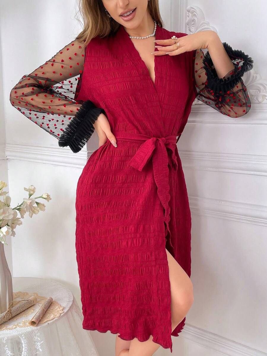 Plush Heart & Mesh Contrast 3d Ruffle Trim Tie-Waist Robe - Burgundy - View 1