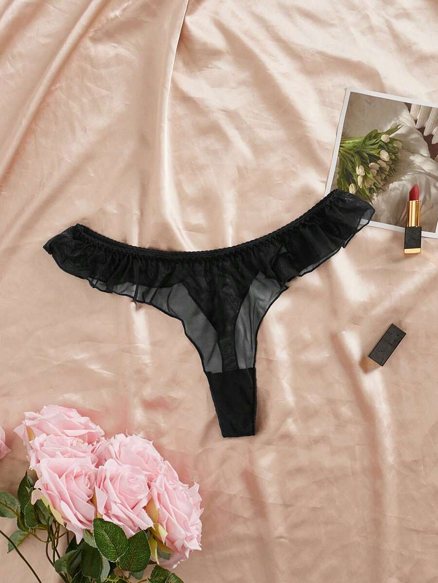 SHEIN Women Elastic Mesh Ruffled Thong Panty, Super Low Waist Lingerie - Black - View 1