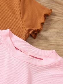 SHEIN Elladie kids 4件套女童圆领荷叶边短袖休闲T恤，夏季假日 - 彩色 - 查看 7