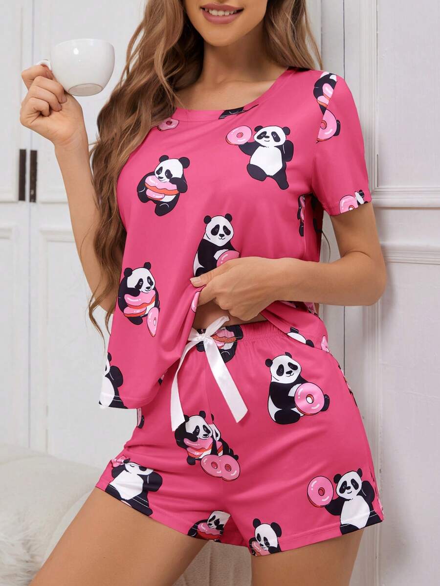 1 件熊猫与甜甜圈印花圆领女士睡衣套装 - 玫紅色 - 查看 1