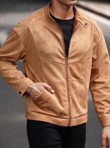 Manfinity Bizformal Men Suede-Like Split Line Stand Collar Casual Jacket, Grunge, Fall - Brown - View 3