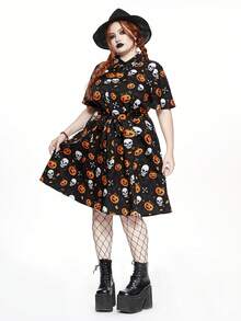 ROMWE Goth Robe trapèze à taille cintrée imprimé squelette et toile d'araignée, grande taille, pour femmes, pour Halloween - Noir - Voir 4