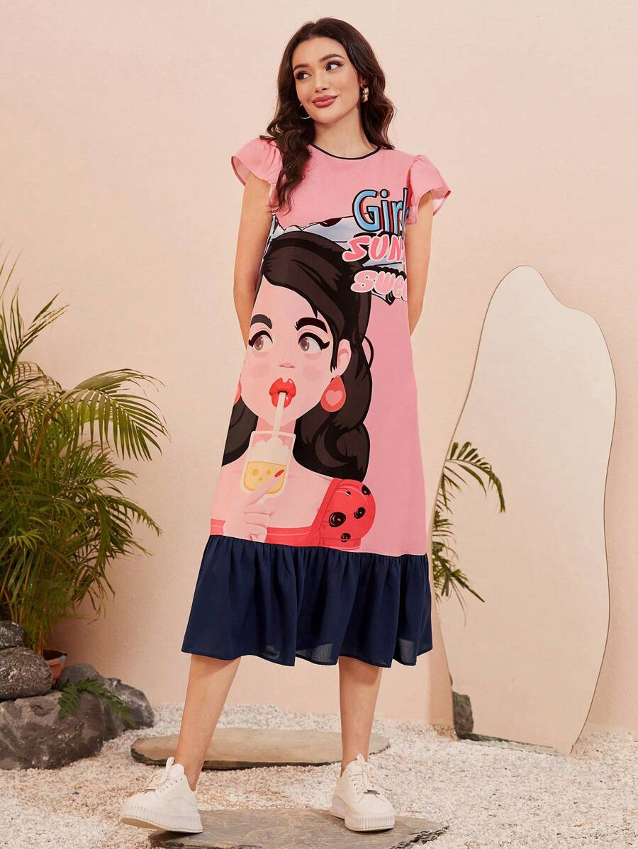 Seusyu Figure & Letter Graphic Butterfly Sleeve Ruffle Hem Dress - Multicolor - View 1