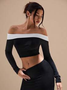 Glamine 2pcs Retro Black&White Off Shoulder Bodycon Fishtail Skirt Set - Black - View 5