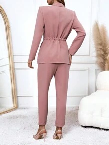 SHEIN Clasi Ladies Elegant Lotus Root Pink Drawstring Waist Blazer & Matching Trousers Suit Fall Clothes Office Wear Women Set Fall Sets Office Wear Women Set Women Pants Suit - Dusty Pink - View 3