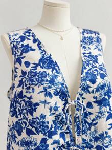 Soleia 大码女式花卉印花休闲宽松抽绳背心上衣，适合秋季、冬季、度假、毕业典礼和返校 - 彩色 - 查看 5