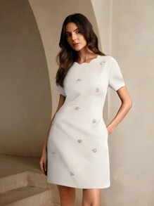 Anewsta Váy ôm tay ngắn cổ hoa đính hạt dệt tay kiểu Pháp thanh lịch - trắng - Xem 1