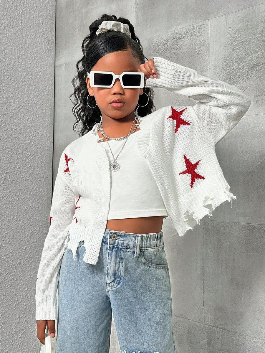 SHEIN Tween Girl Oversized Loose Star Printed Frayed Edge Knit Short Cardigan - Multicolor - View 1