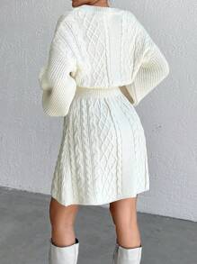 EURMUSE 休闲纯色扭纹针织V领毛衣连衣裙，秋季