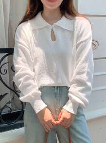 DAZY Women's Hollow Out Drop Shoulder Solid Casual Pullover Collar Sweater,Fall Clothes - White - View 1