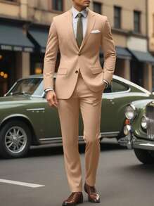 Manfinity Mode Men's Solid Button Front Long Sleeve Jacket And Pocket Design Trousers Suit - Khaki - View 3