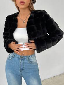 SHEIN PETITE 秋冬纯色前开式毛绒大衣