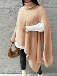 SHEIN Essnce Dames Winter Capuchon Poncho Split Knit Trui, Lange Mouw Warme Hoge Hals Dames Pullover - Abrikoos - Bekijken 3