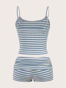 SHEIN EZwear Summer Casual Striped Suspender Shorts Set - Blue and White - View 2