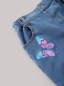 Tween Girls Fashionable Butterfly Print Flare Ripped Pants - Medium Wash - View 5