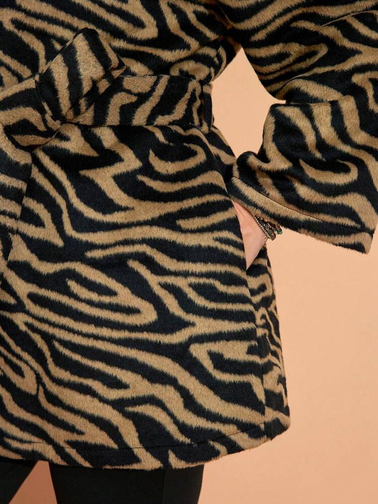 Plus Size Women Zebra Print Long Sleeve Knitted Thermal Jacket, Winter