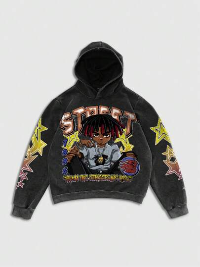 Street Life Sudadera con capucha con estampado de retrato novelty y copo de nieve desgastado para hombres