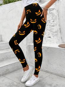SHEIN LUNE سراويل نسائية بتصميم نحيف بنمط عنصر هالوين، طراز كاجوال وبسيط، مناسبة للخريف والشتاء - متعدد الألوان - مشاهدة 4